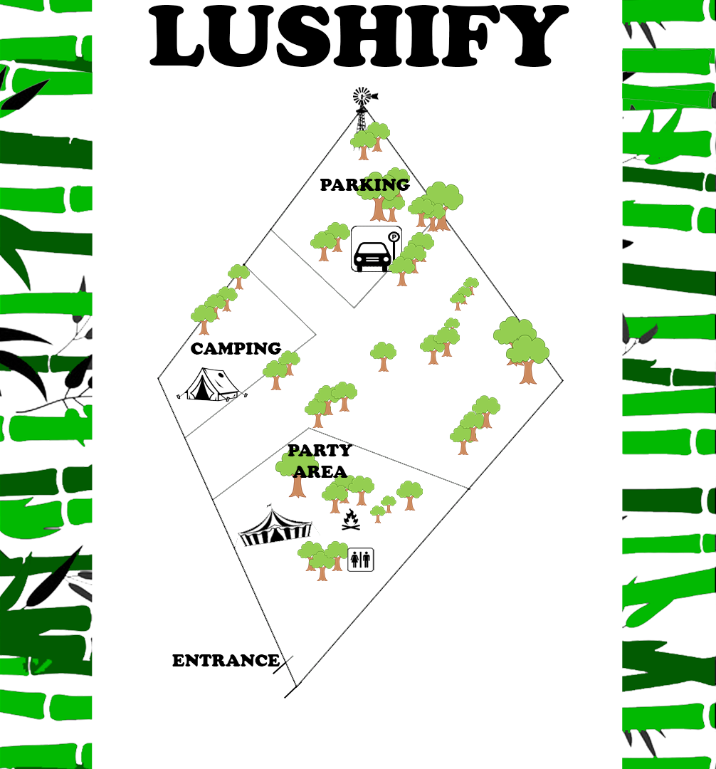 Hand drawn map of the LUSHIFY paddock showing the entrance, parking area, camping area and party area with marquee, bonfire and toilets.